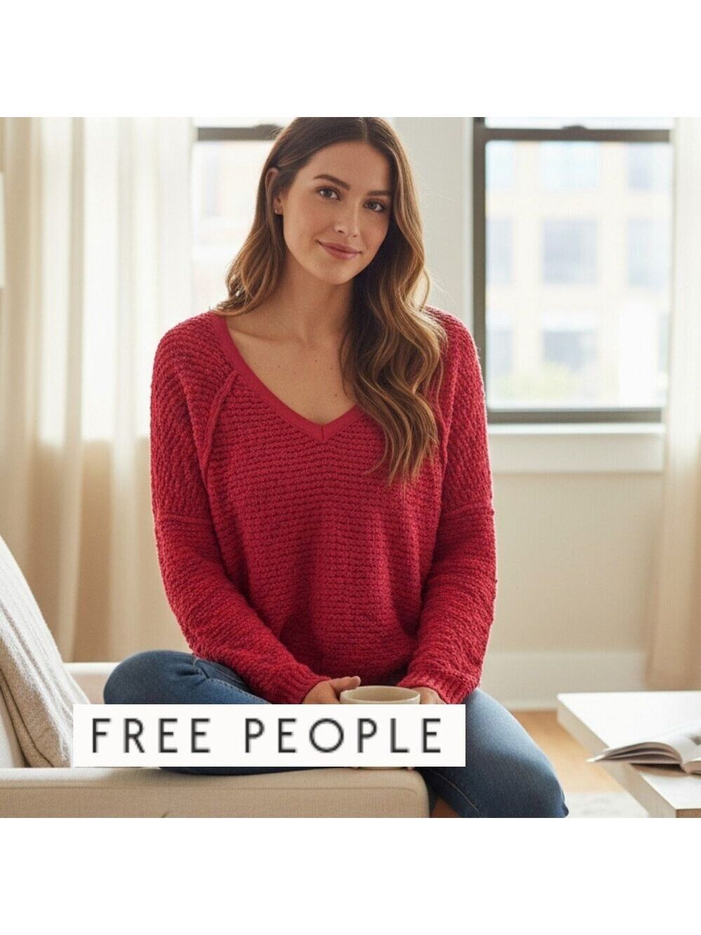 Free People Red Chenille V-Neck Sweater – Size XS (Oversized Fit)